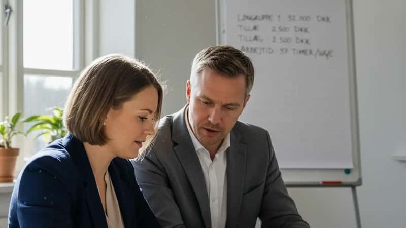 3F faglig repræsentant og HR-chef gennemgår overenskomstbilag ved mødebord i Randers kontor, løntal på whiteboard i baggrunden