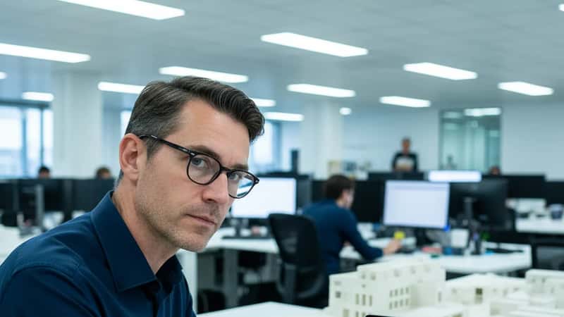 Architecte français en train de consulter un document contractuel sur un bureau d'atelier parisien, lumière naturelle tamisée