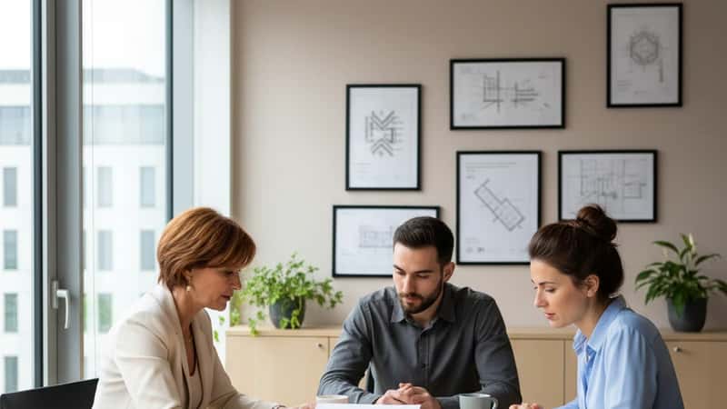 DRH française en réunion avec des salariés d'une agence d'architecture à Lyon, examinant un contrat de travail sur une table de salle de réunion