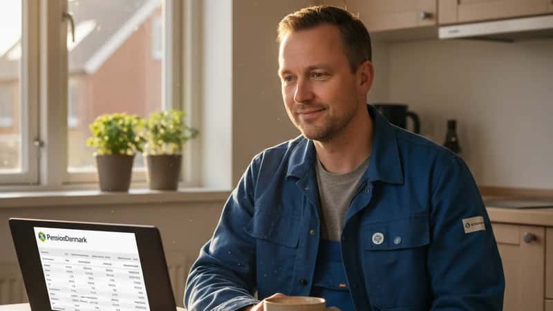 VVS-montør i forstadsbolig gennemgår sin PensionDanmark-konto på laptop