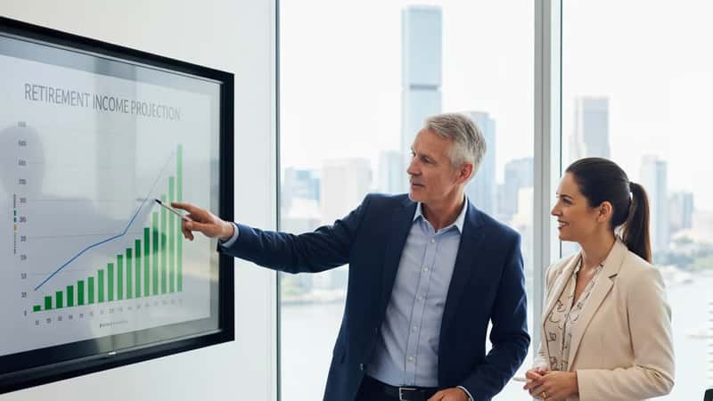 Australian financial planning meeting with a retirement income projection chart on screen in a Brisbane office
