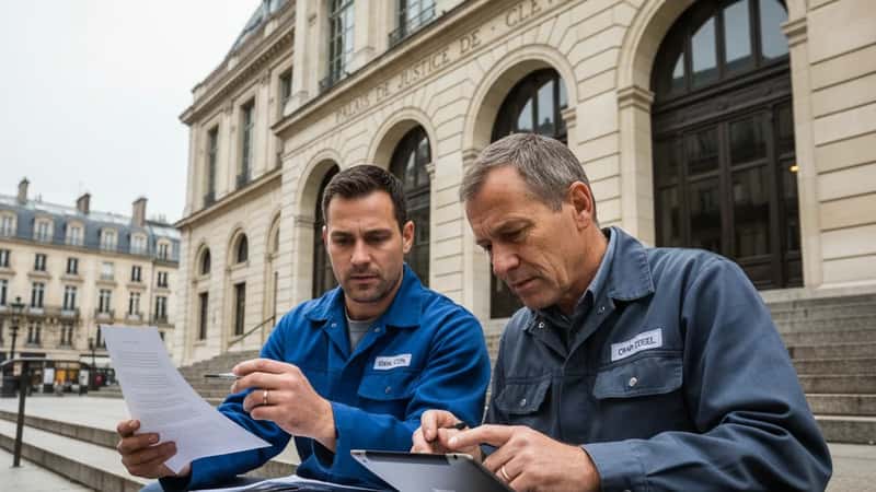 Ohio workers reviewing employment documentation on courthouse steps in Cleveland