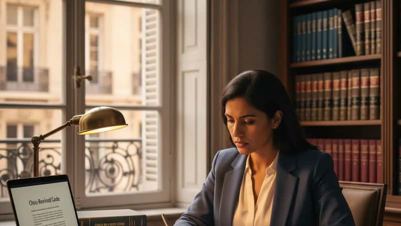 South Asian paralegal reviewing Ohio Revised Code on laptop at home office desk in Columbus, Ohio