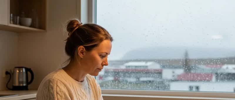Íslensk kona skoðar orkugögn á spjaldtölvu við eldhúsborð í Akureyri, rafmagnsreikningur og kaffibolli á borðinu