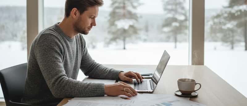 Person som studerar pensionsdokument och finansiella rapporter vid ett skrivbord i nordisk miljö