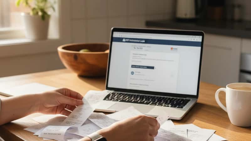 Australian woman's hands sorting tax receipts and work-from-home expense records beside a laptop in a Melbourne home