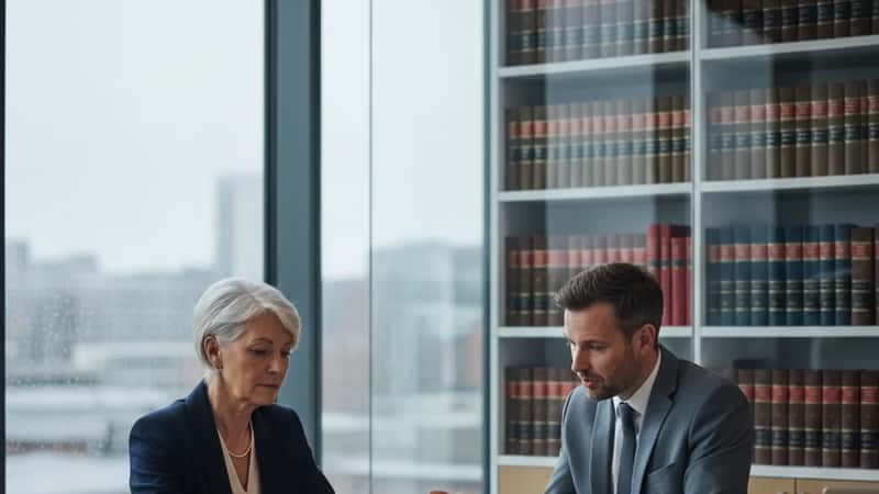 British woman reviewing property valuation printout with solicitor in a Leeds modern glass-fronted office
