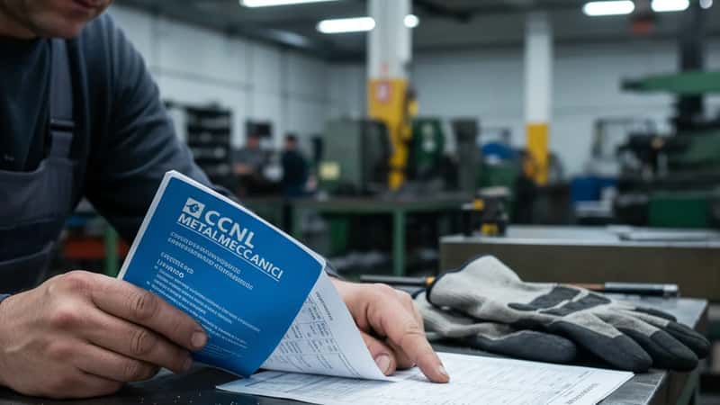 Mani di un lavoratore che confronta un contratto CCNL con una tabella stipendi in un'officina meccanica a Torino