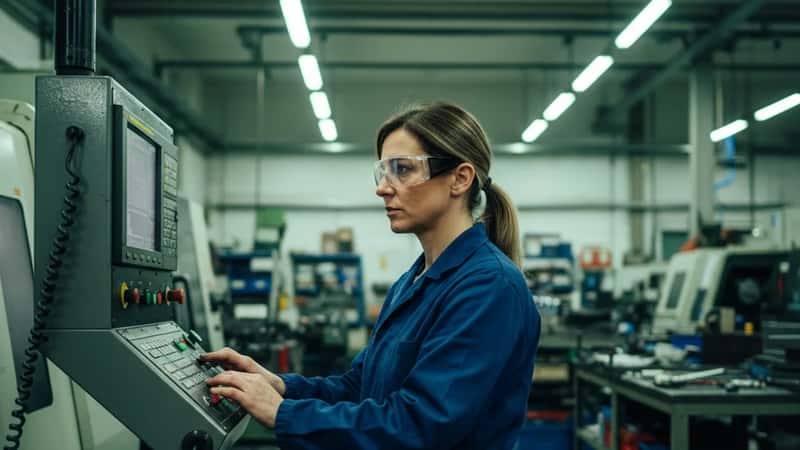 Tecnica CNC in una piccola officina metalmeccanica artigiana di Torino, con occhiali di sicurezza, programma un tornio a controllo numerico
