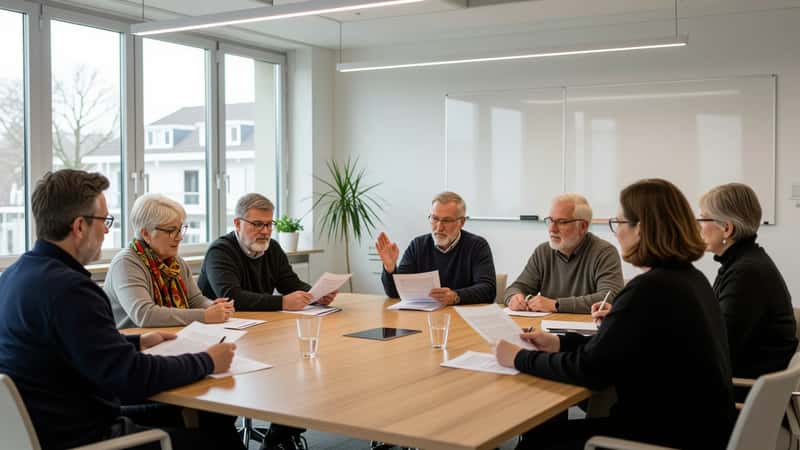 VvE-leden stemmen tijdens een vergadering in een Nederlandse appartementencomplexruimte in Utrecht, met uitgestoken hand voor akkoord