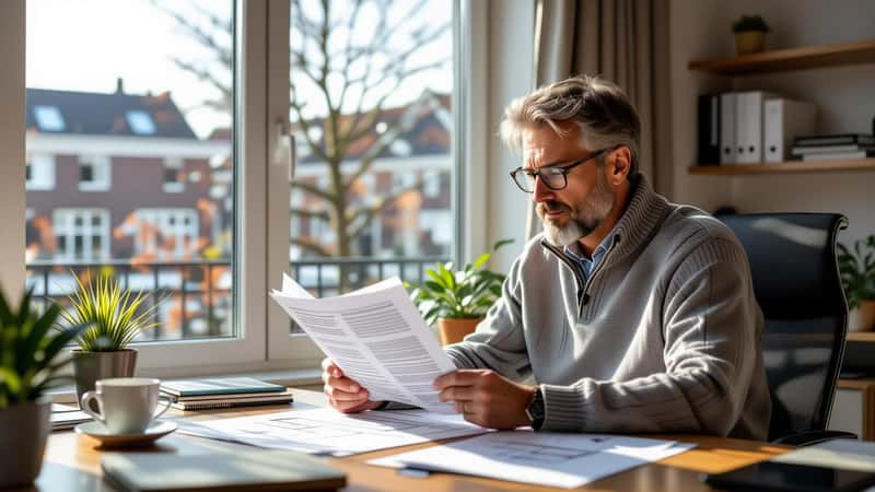 Nederlandse eigenaar in zijn vijftiger jaren leest een splitsingsakte aandachtig door aan een bureau met architectuurplattegronden, daglicht vanuit een grote Nederlandse raam