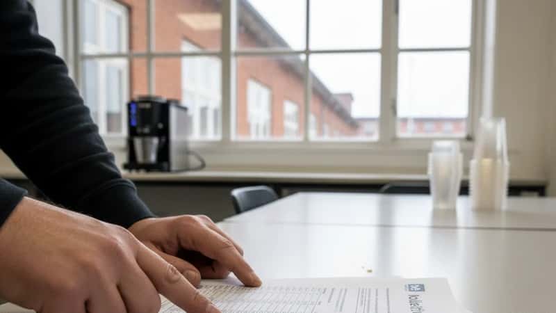 Danske hænder gennemgår lønseddel ved bord i pauserum på fødevarefabrik