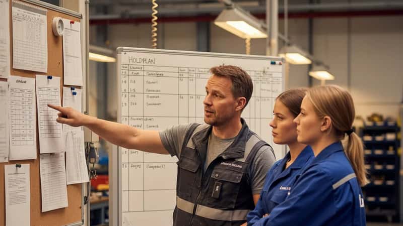 Dansk tillidsrepræsentant forklarer lønregler til kollegaer på fabrik i Odense
