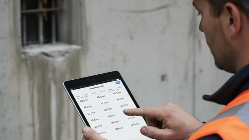 Norsk bygningsarbeider holder tablet med timeregistreringsapp på byggeplass i Stavanger
