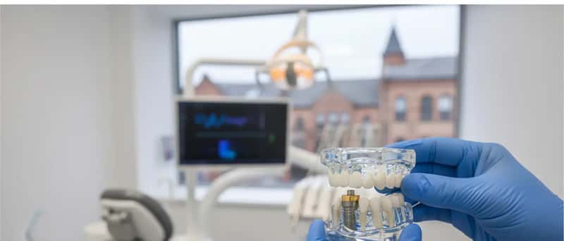 Close-up of a dental implant model showing the titanium post, abutment, and porcelain crown held in gloved hands