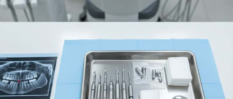 Overhead view of a dental implant instrument tray with drill bits, titanium posts, and a CBCT scan in a clinical setting