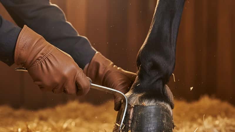 Gros plan de mains gantées utilisant un cure-pied pour nettoyer le sabot d'un cheval brun dans une écurie avec paille propre visible, soin quotidien des pieds du cheval