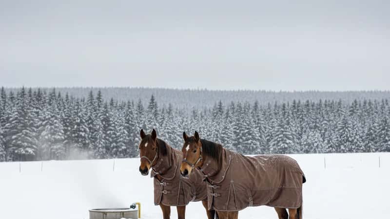 Deux chevaux dans un paddock enneigé au Québec en hiver, un alezan et un gris portant des couvertures d'hiver, abreuvoir chauffant visible, forêt de pins enneigée en arrière-plan