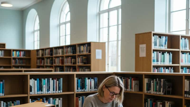 Gymnasielærer retter opgaver i skolebibliotek i Aarhus