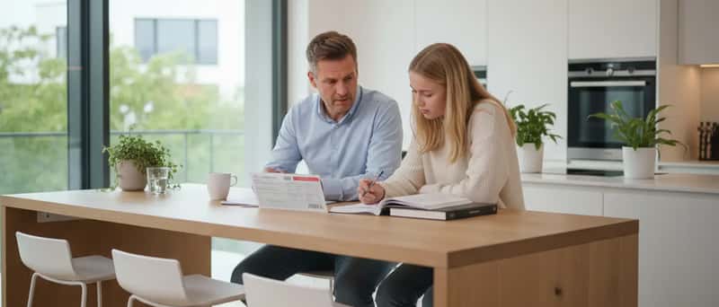 Elternteil und Teenager schauen gemeinsam auf ein Schulzeugnis am Küchentisch