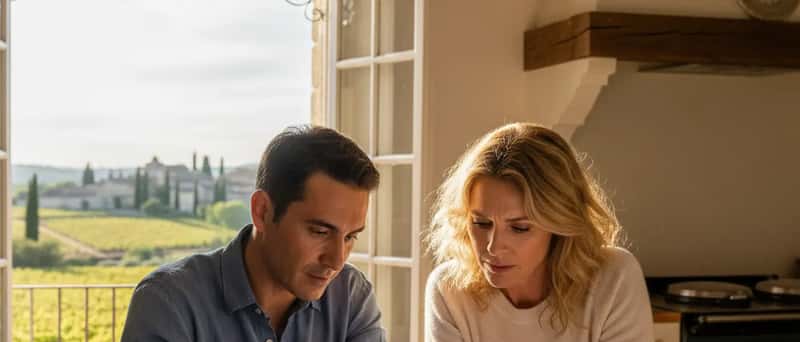 Zwei Personen prüfen einen Kostenvoranschlag am Küchentisch in einem österreichischen Zuhause