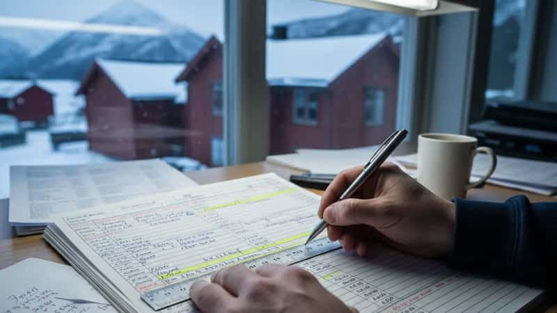 Norske hender noterer overtidstimer i en arbeidsplan i Tromsø, kald fluorescerende lys på kontoret