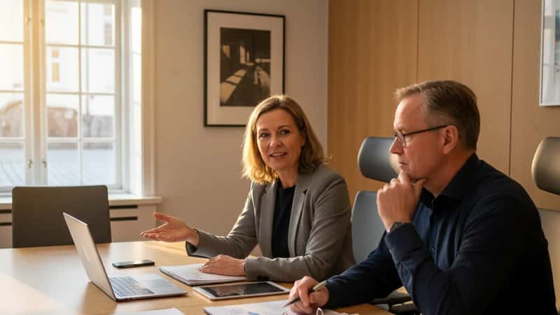 HR-faglig i Stavanger forklarer overtidsregler til tillitsvalgt ved konferansebord med dokumenter