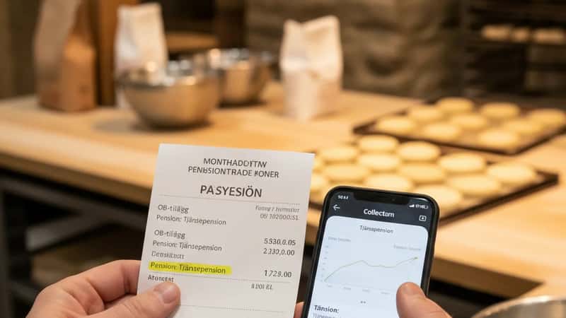 Livsmedelsarbetare med lönespecifikation och pensionsapp som visar SAF-LO avsättning vid bageri i Örebro