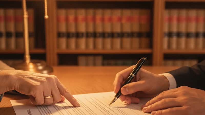 Mains de deux générations signant un acte de donation notarié dans un cabinet lyonnais, lumière ambrée sur documents en papier crème