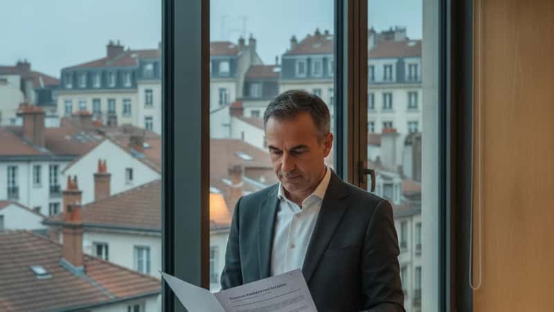 Conseiller en gestion de patrimoine dans un bureau du quartier Presqu'île de Lyon, examinant un document de transmission patrimoniale, lumière matinale sur document, expression de compétence professionnelle