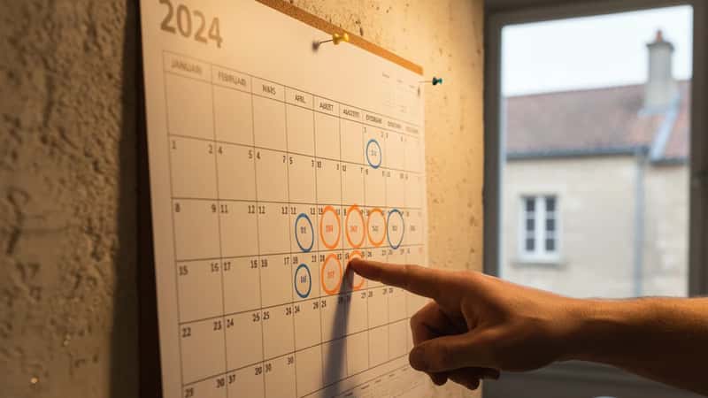 Arbetskalender på en kontorsvägg vid ett byggföretag med semesterdagar markerade i orange och viktiga datum i blått