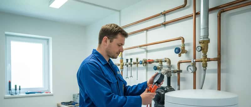 VVS-tekniker kontrollerer varmepumpe-kompressor med digital trykkmåler i teknisk rom