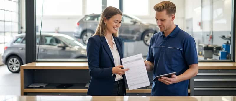Automobiliste ontvangt een gedetailleerde factuur aan de balie van een Nederlandse autogarage