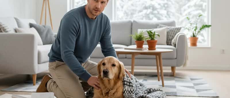 Dyreejer knæler ved en hvilende hund på et tæppe med førstehjælpskasse i nærheden