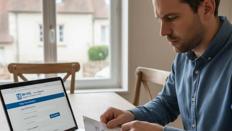 New Hampshire employee at a dining table opening a final paycheck envelope with NH DOL website visible on laptop