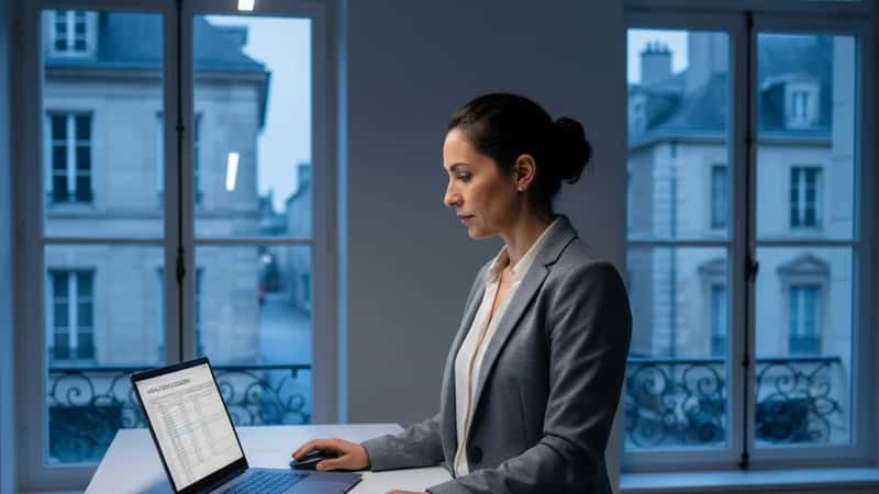 Latina HR manager at standing desk calculating vacation hours accrued in Concord New Hampshire office with blue-hour window lighting