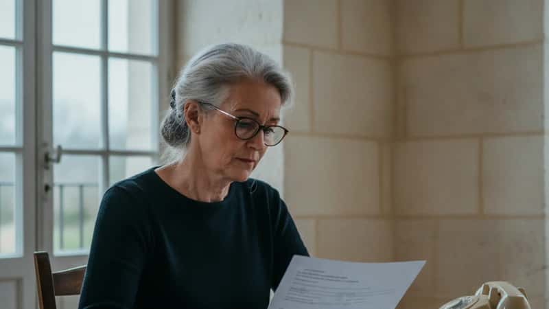 Femme de 63 ans à Bordeaux lisant son relevé de pension de réversion à sa table de cuisine, lumière matinale tamisée