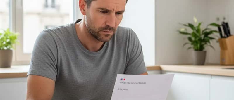 Conducteur français consultant une lettre officielle 48SI à une table de cuisine