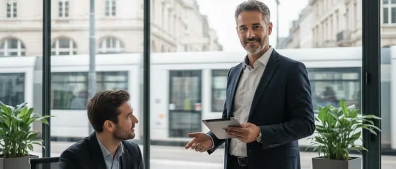 Avocat en droit routier examinant un permis de conduire et des documents juridiques dans un cabinet moderne