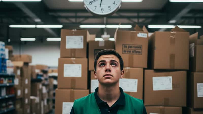 Vermont grocery store teenage worker checking the time on a stockroom wall clock, fluorescent lighting, minor labor law compliance moment