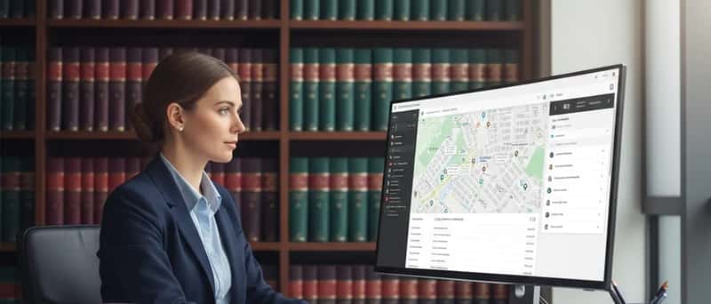 Conveyancer reviewing property search results on a computer screen in a UK law office