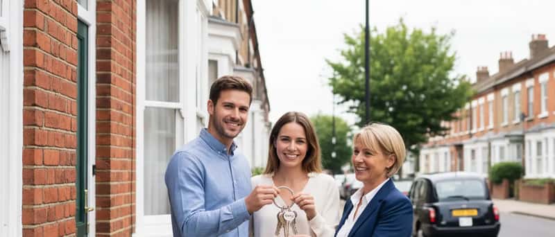 Couple receiving house keys from an estate agent outside a red-brick terraced house on a British street
