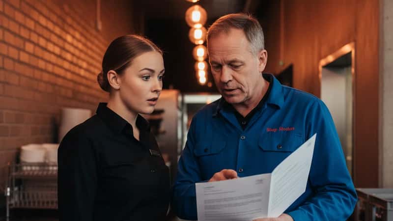 Servitør i Stavanger snakker med tillitsvalgt om tariffrettigheter i restaurantkorridor