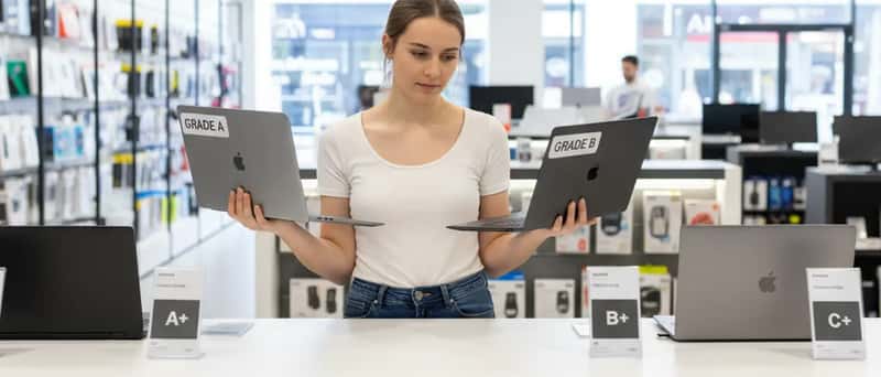 Ordinateurs portables reconditionnés de différents grades exposés sur un comptoir de magasin informatique en France