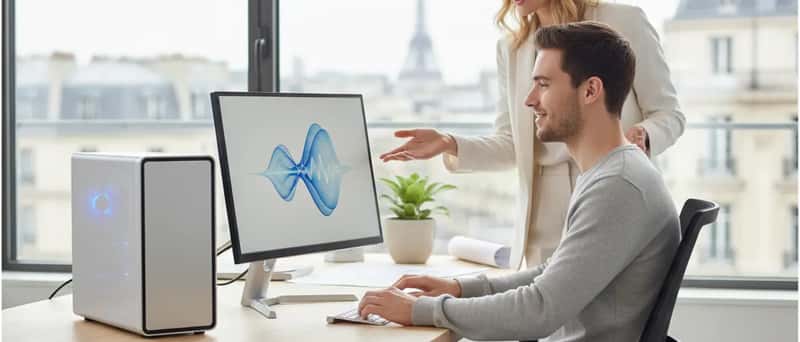 Technicien inspectant un ordinateur portable reconditionné sur un plan de travail dans un atelier de réparation électronique