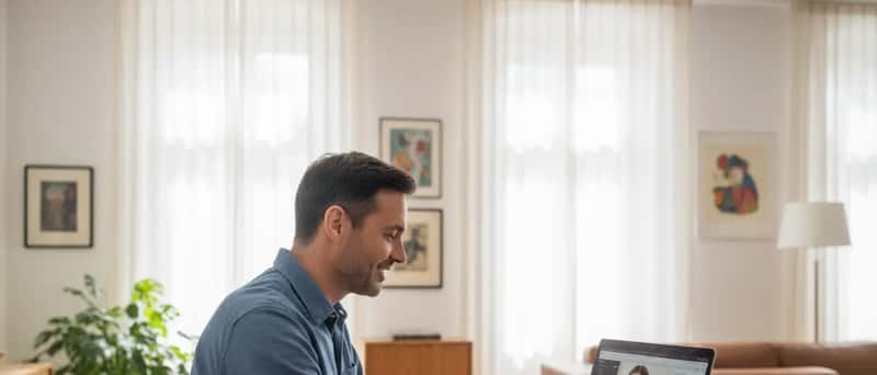 Mann in Wiener Homeoffice bei Online-Beratung mit IT-Techniker per Videocall