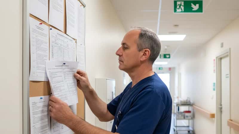 Manlig vård och omsorgsarbetare läser informationsblad om HÖK-rättigheter på anslagstavla i sjukhemskorridor i Linköping