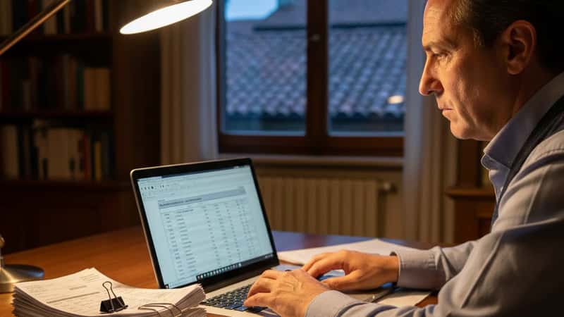 Dipendente bancario a Bergamo controlla il prospetto TFR annuo sul laptop a casa, con buste paga stampate accanto