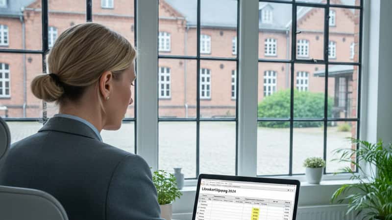 HR-chef i Göteborg analyserar lönerevisionssiffror i ett kalkylblad på fabrikskontor med stora industriella fönster