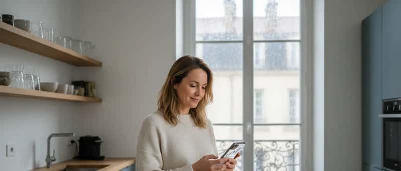 Jonge Nederlandse vrouw bekijkt robo-advisor beleggingsapp in haar keuken